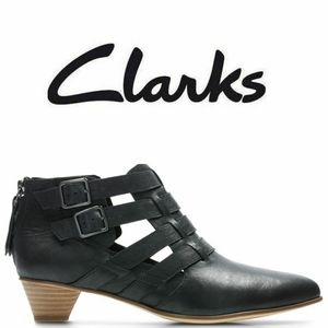 Clarks Black Ankle Boots with Tan Heel